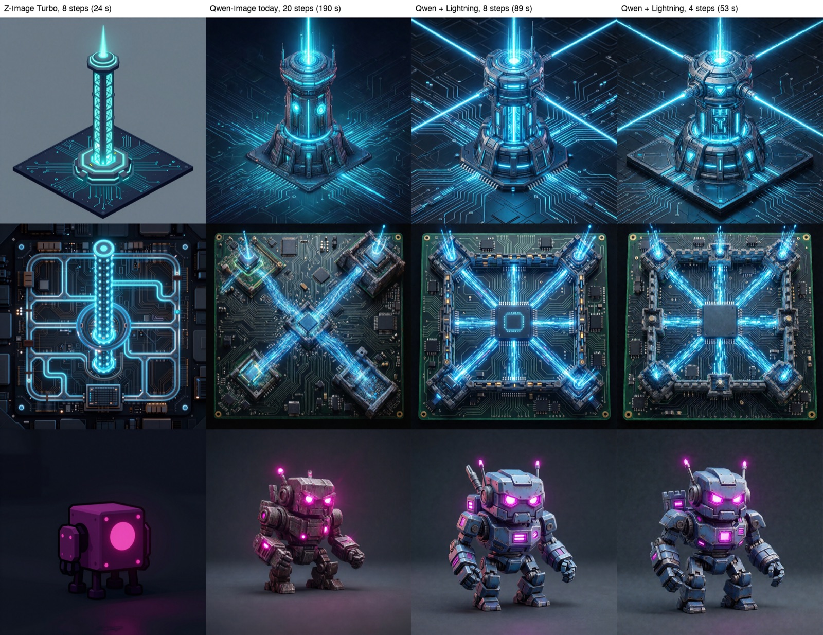 Grid comparing three game-art prompts rendered four ways: Z-Image Turbo, Qwen-Image at 20 steps, and Qwen-Image with the Lightning LoRA at 8 and 4 steps. The Lightning versions are crisper and more saturated than the 20-step originals.